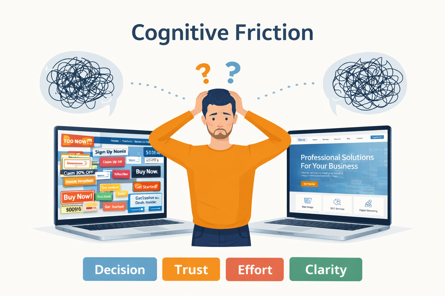 Cognitive friction example in website design showing decision overload and user hesitation between complex and simple layouts.