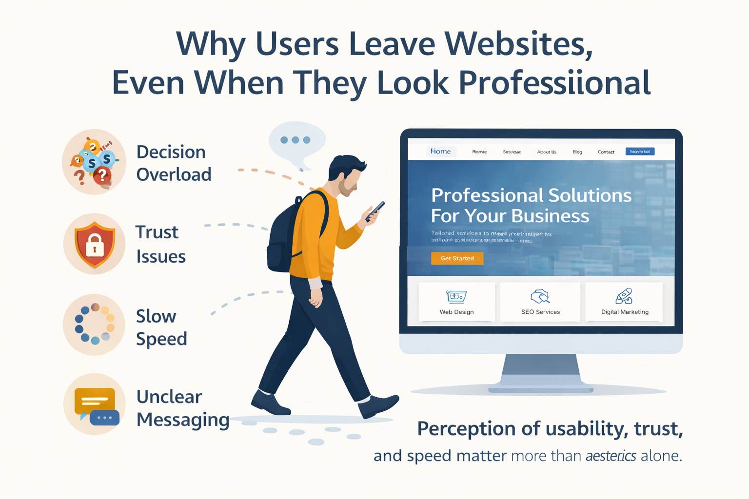 Illustration showing why users leave professional websites due to decision overload, trust issues, slow speed, and unclear messaging.
