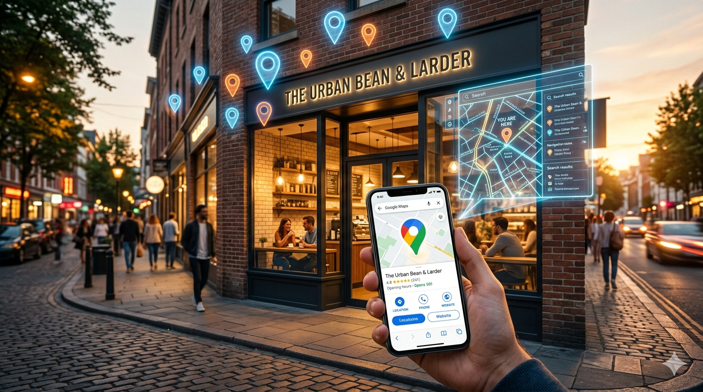 A modern local business storefront with glowing location pin icons floating around, digital map interface hologram, smartphone showing Google Maps search results, city street background, evening golden hour lighting.