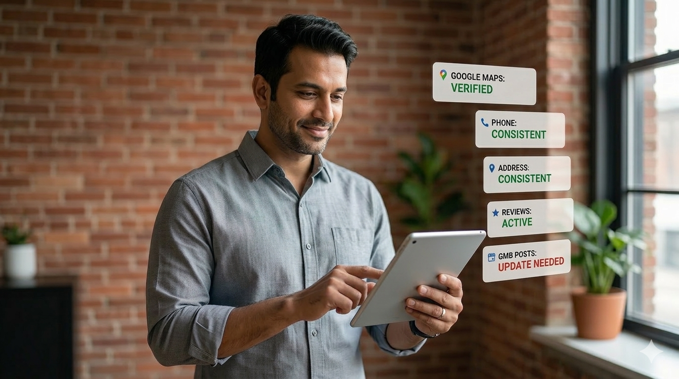 A business owner standing with a tablet displaying business details, NAP consistency, floating UI cards showing consistent data entries, minimal office background, and soft daylight from the window.