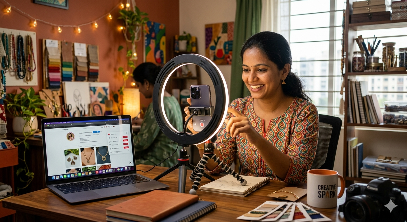 A smiling small business owner creating social media content, visualizing how digital marketing helps to grow your business, by streaming with a smartphone, ring light, and laptop displaying engagement analytics.