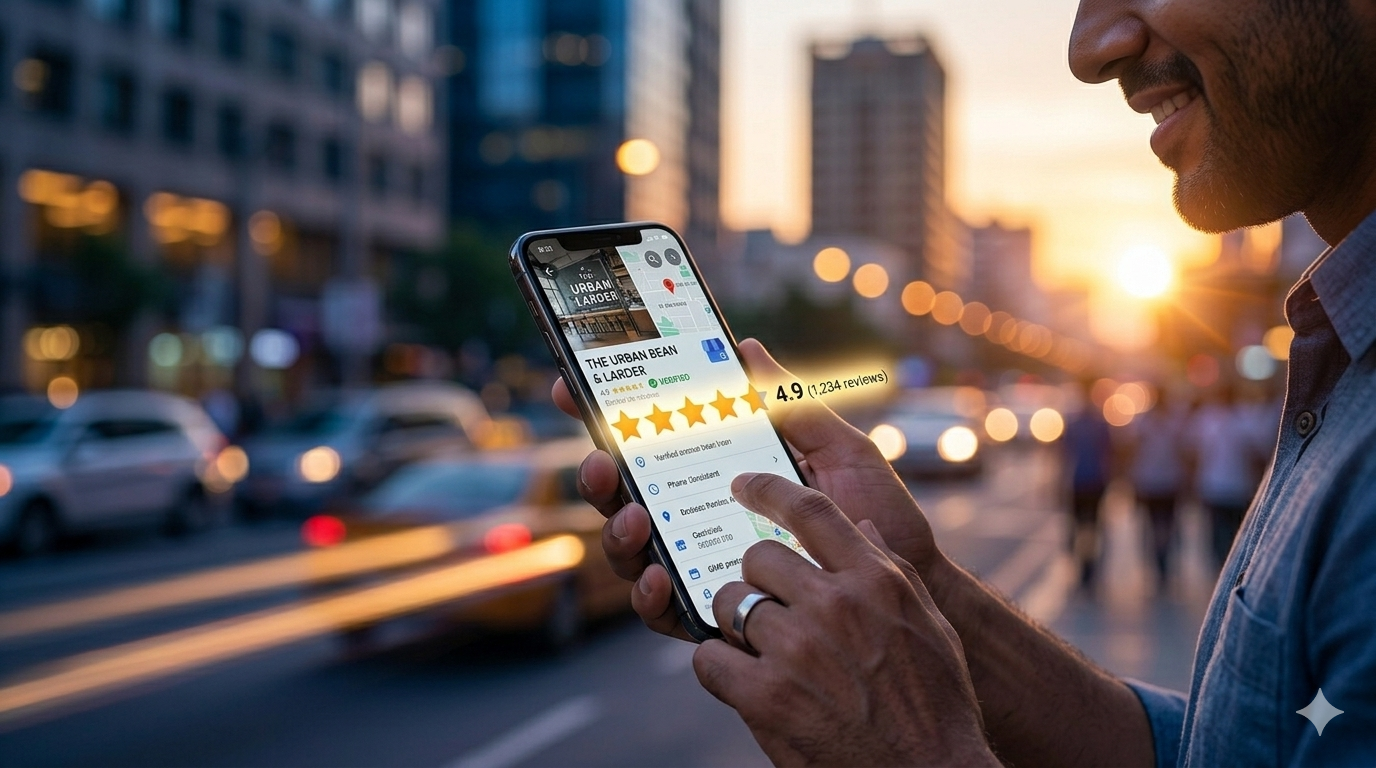 Professional hand holding a smartphone showing a verified business profile screen with rating stars glowing, city blur background.