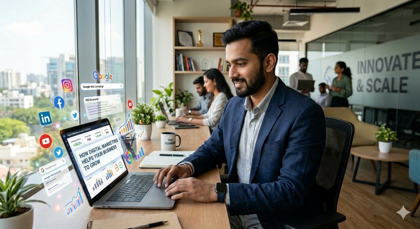An Indian entrepreneur working in a modern office, viewing a laptop screen with a digital marketing analytics dashboard that displays the text 'how digital marketing helps your business to grow' alongside rising growth charts and floating social media icons.