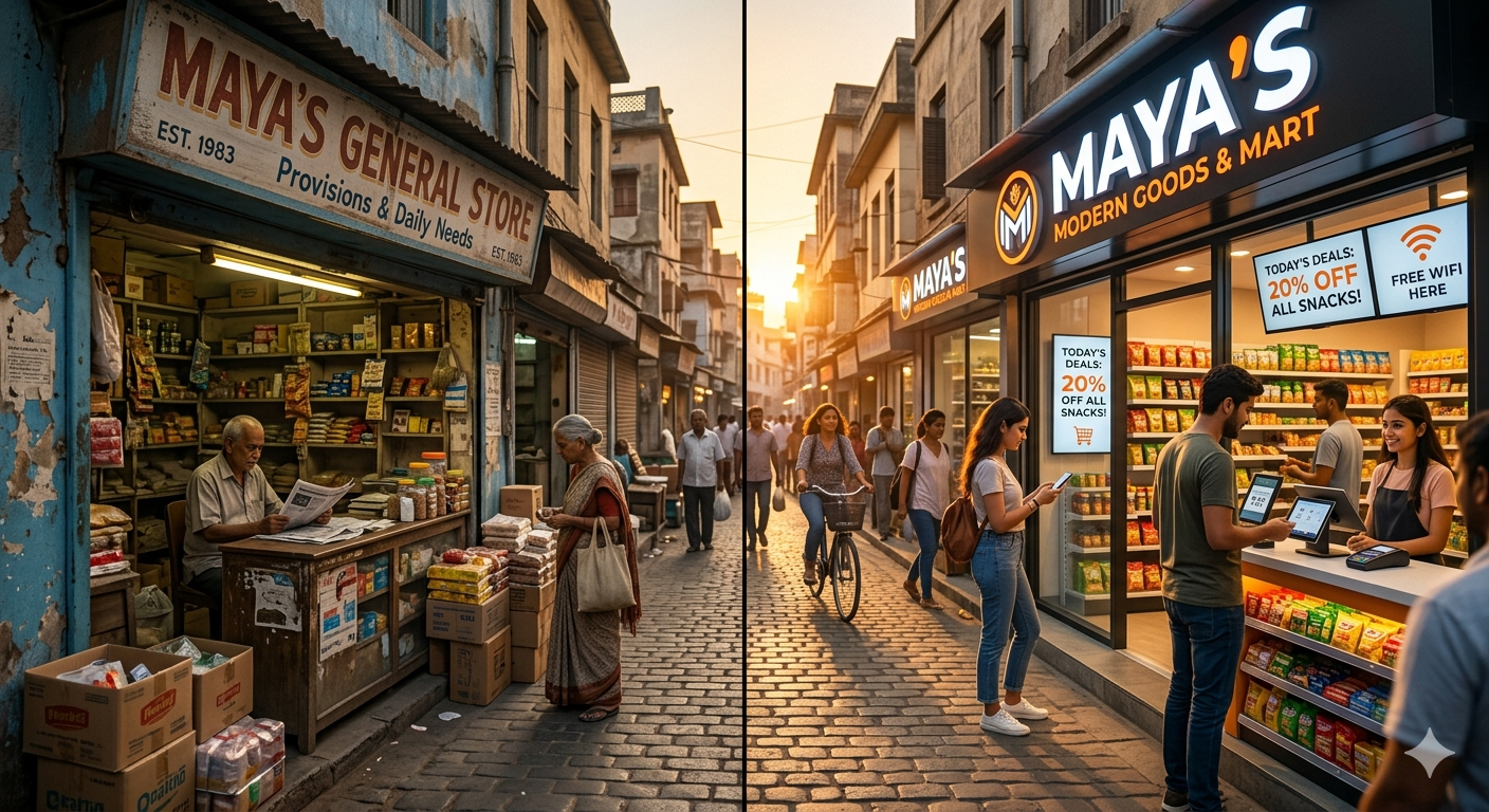 A split image illustrating the benefits of digital marketing for small businesses through a storefront transformation. On the left, a traditional, old-fashioned general store called "MAYA’S GENERAL STORE" is shown in a quieter setting with only one customer present. The right side displays the modern version of the same shop, renamed "MAYA'S MODERN GOODS & MART," now bustling with multiple customers, brightly lit with digital displays showcasing special offers like "20% OFF ALL SNACKS" and providing free Wi-Fi. A customer is also shown using their smartphone, highlighting the effectiveness of digital transformation and targeted marketing in attracting new customers and increasing foot traffic for small businesses.