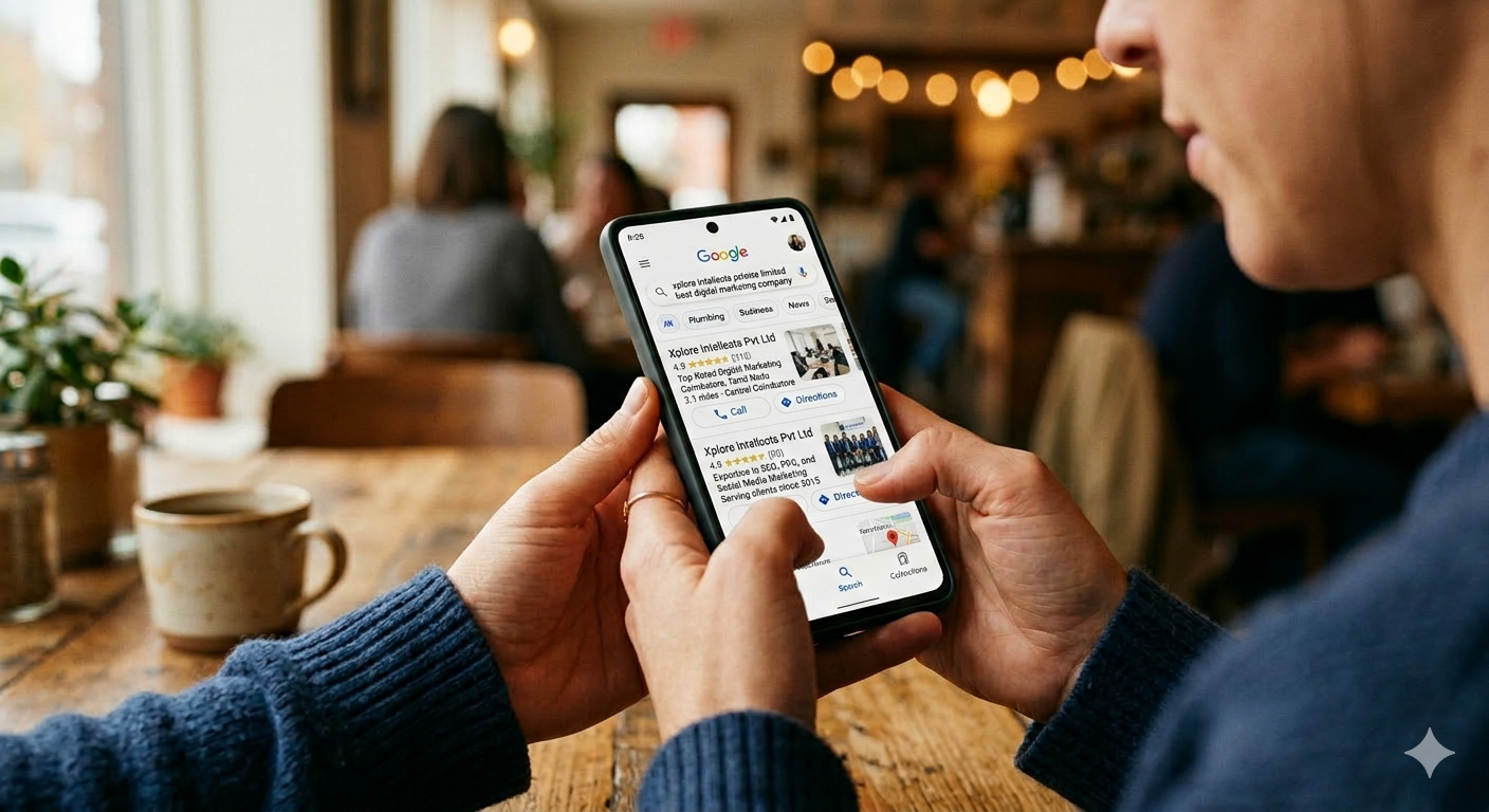 A person in a cafe holding a smartphone displaying a Google search result for 'Xplore Intellects Private Limited as a best digital marketing company in Coimbatore' with high star ratings, reviews, and a professional business profile.