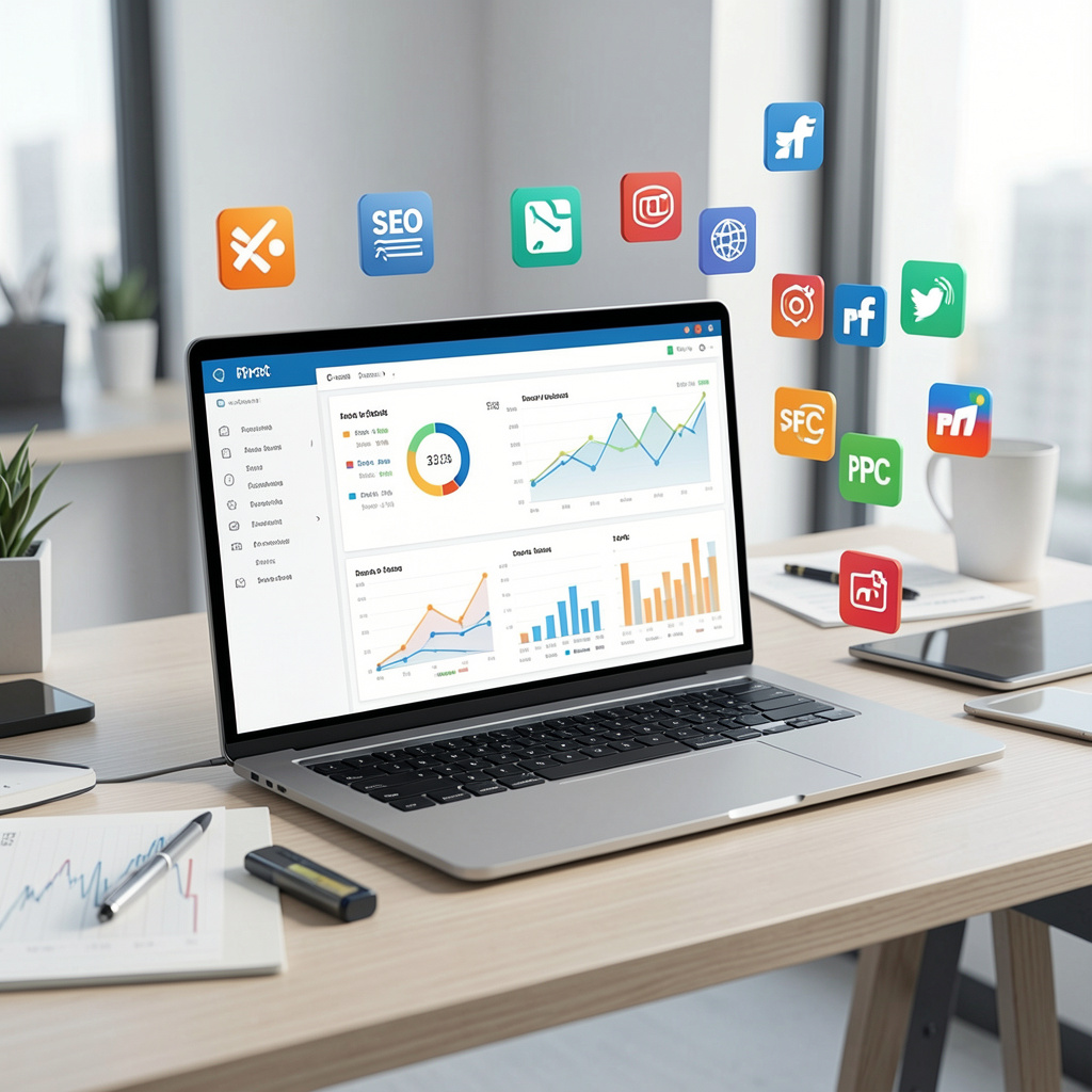 Types of digital marketing channels strategy shown on laptop analytics dashboard