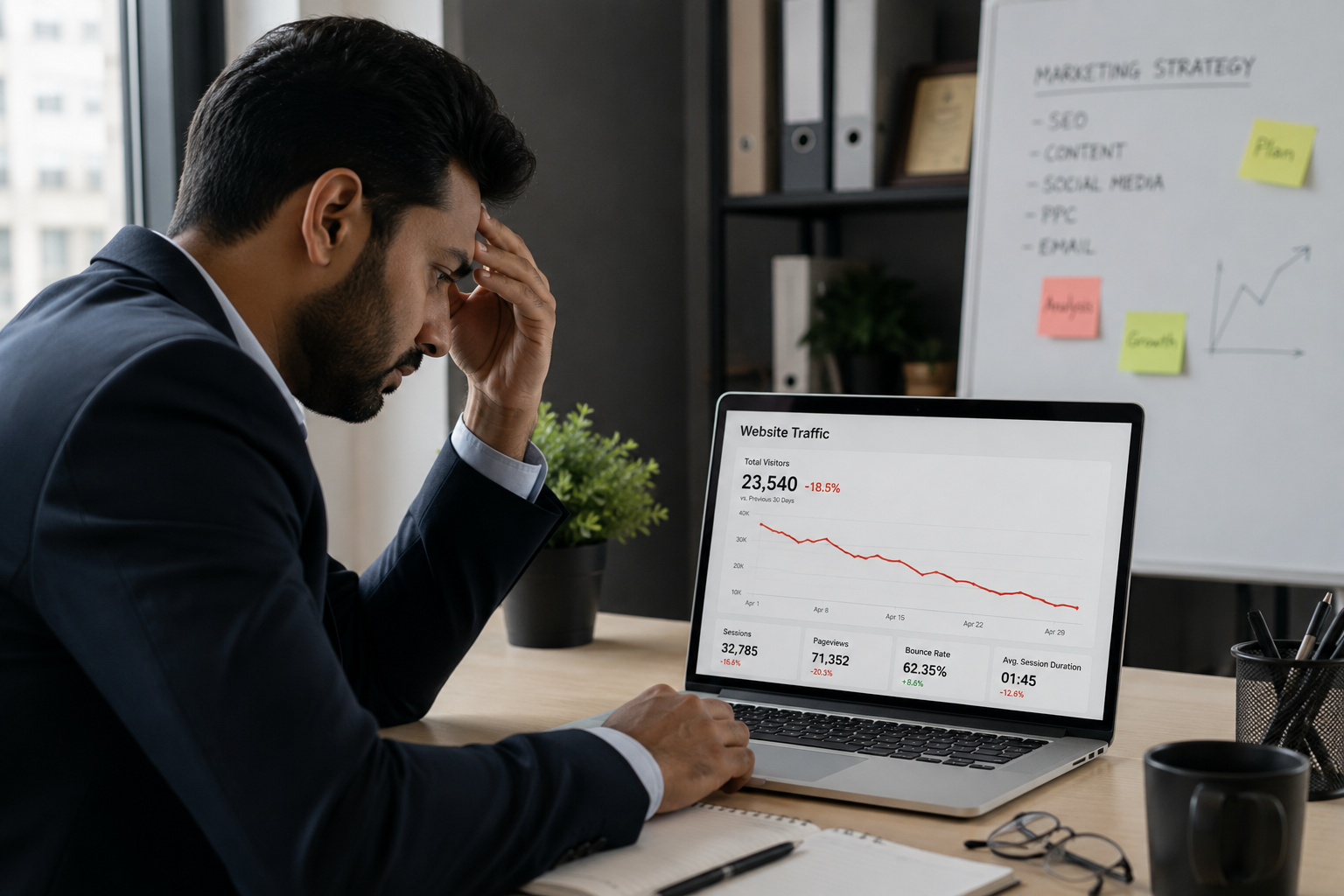 Business owner reviewing Google Search Console traffic drop after latest Google algorithm update