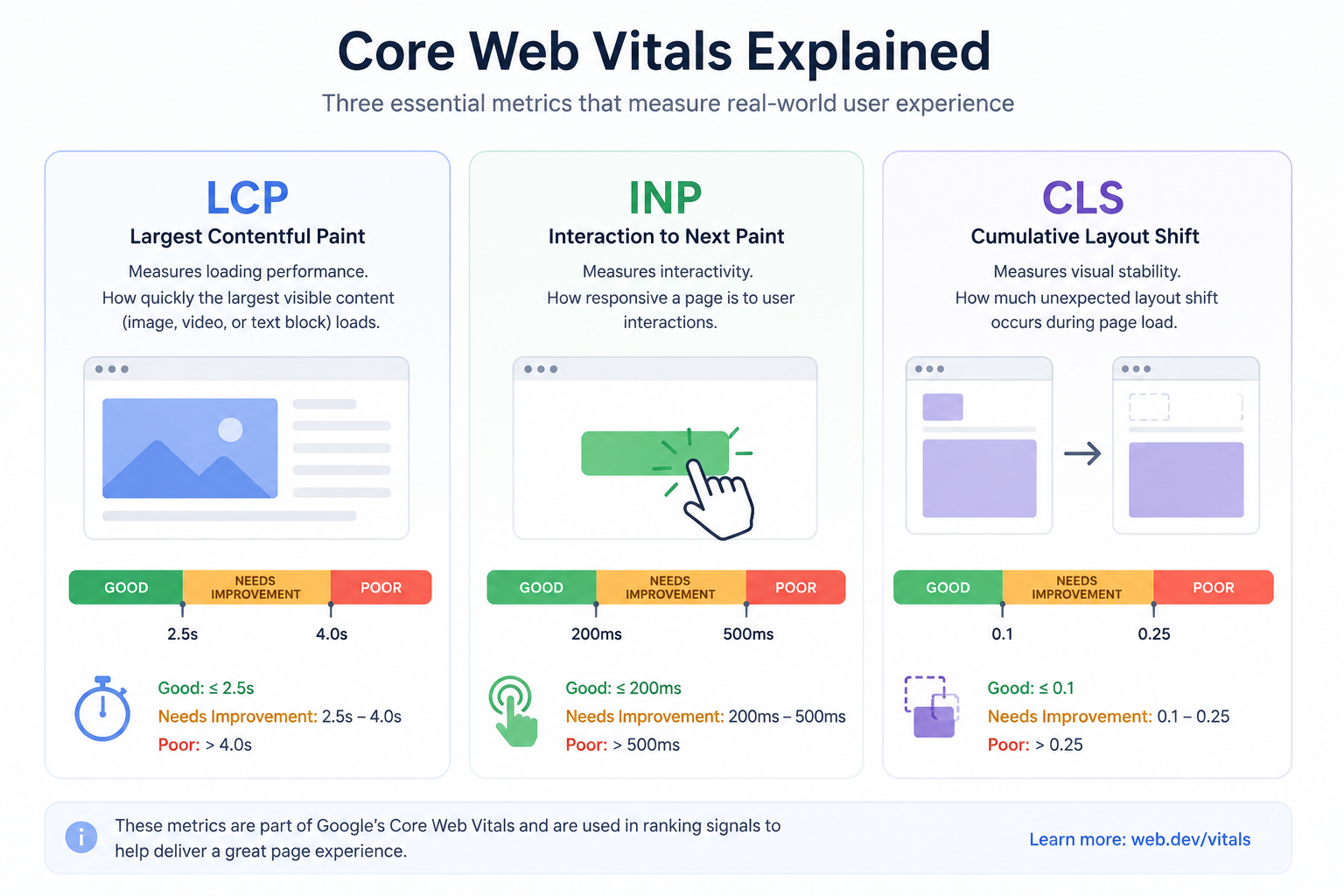 Diagram explaining core web vitals and Largest Contentful Paint, Interaction to Next Paint, and Cumulative Layout Shift