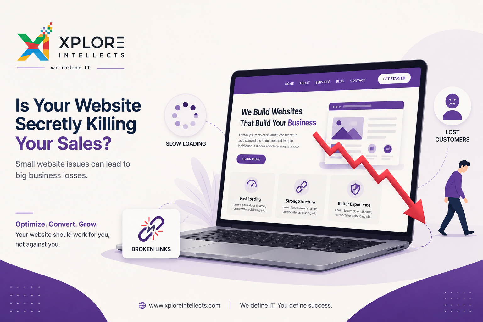 Business website problems illustration showing a laptop with declining sales graph and slow loading website