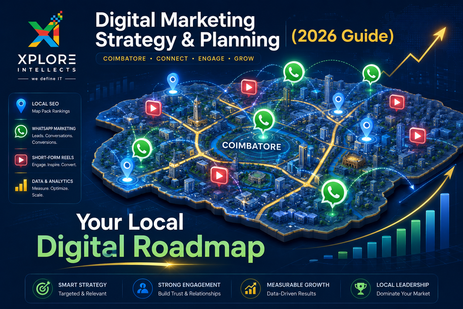 Digital Marketing Strategy & Planning 2026 illustration showing an isometric map of Coimbatore with Local SEO, WhatsApp Marketing, Short-Form Reels, and digital growth pathways.